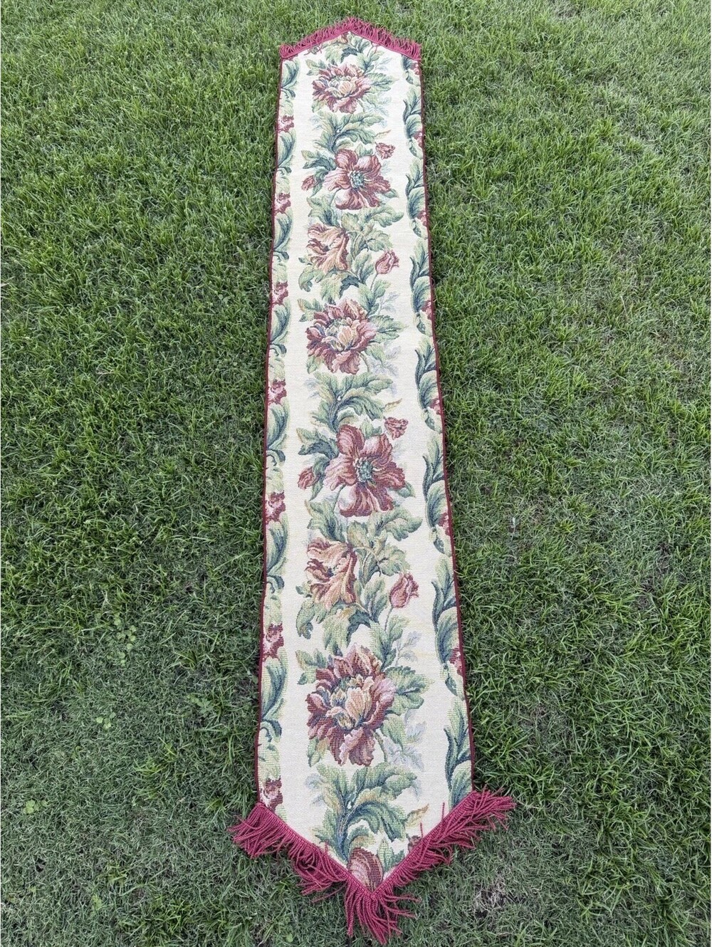 Floral Tapestry Table Runner w/Burgundy Fringe 12”x72”